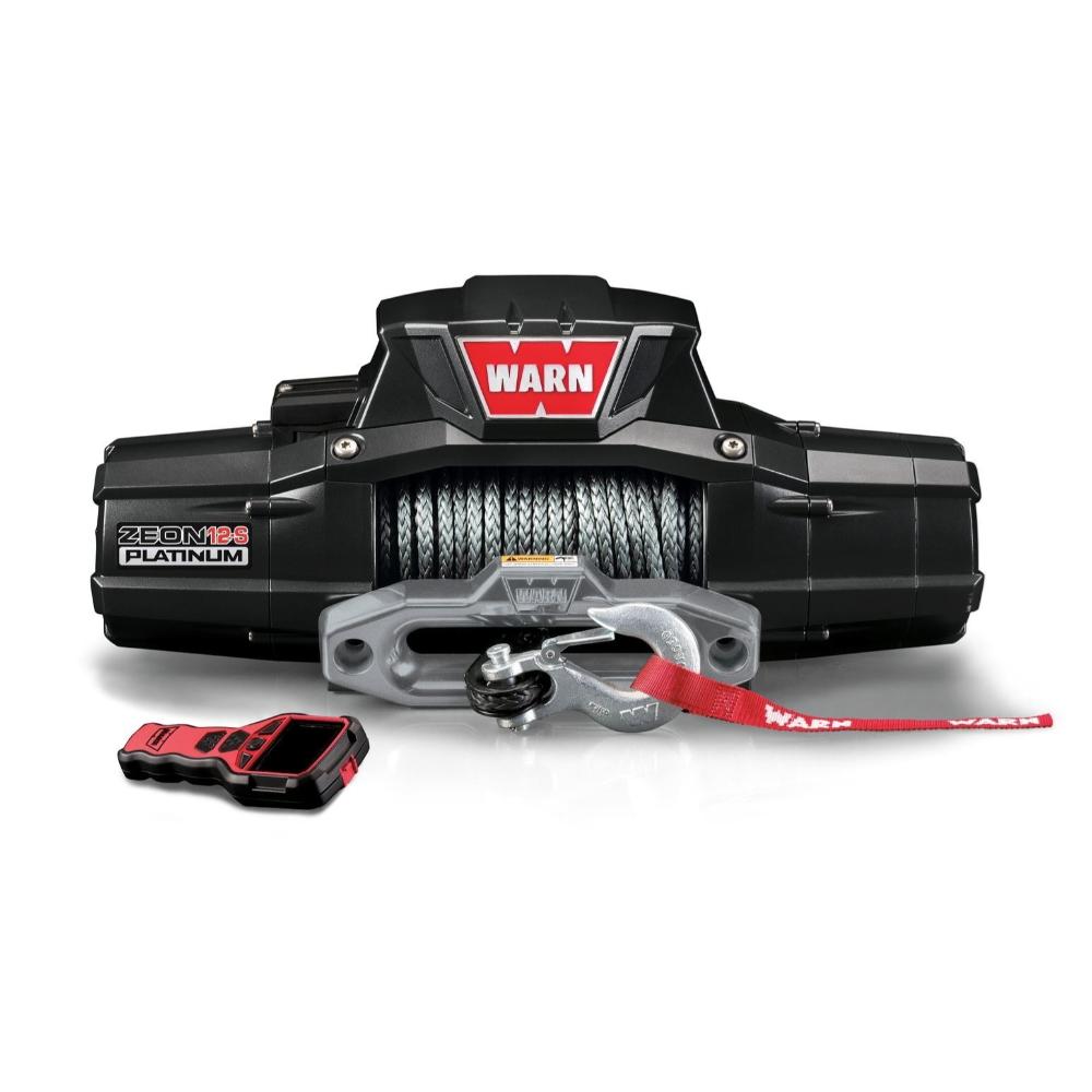 Warn Zeon 12-S Platinum Winch 95960 with high-speed motor, heat-treated ring gear, synthetic rope, and advanced wireless remote control