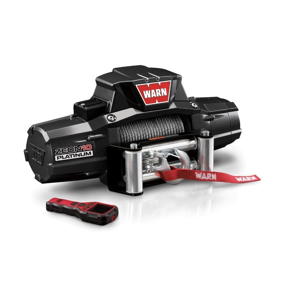 Warn Zeon 10 Platinum Series Winch 92810 with wireless remote, heavy-duty wire rope, roller fairlead, and synthetic red strap