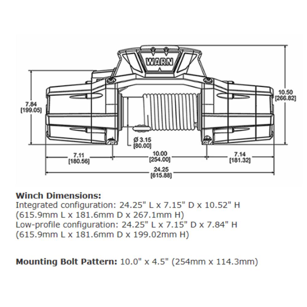 Warn Zeon 10 Platinum Series Winch 92810 technical drawing with dimensions, integrated and low-profile configuration details, bolt pattern