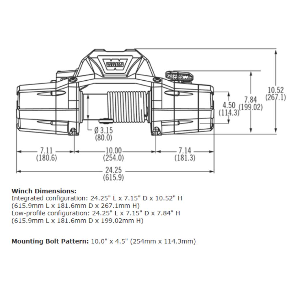 Warn Zeon 10 Winch 88990 technical schematic highlighting integrated and low-profile dimensions with mounting bolt pattern details.