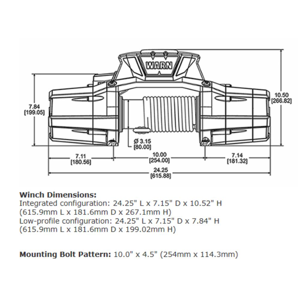 Warn Zeon 10-S Platinum Winch 92815 detailed technical schematic with precise dimensions and mounting bolt pattern specifications