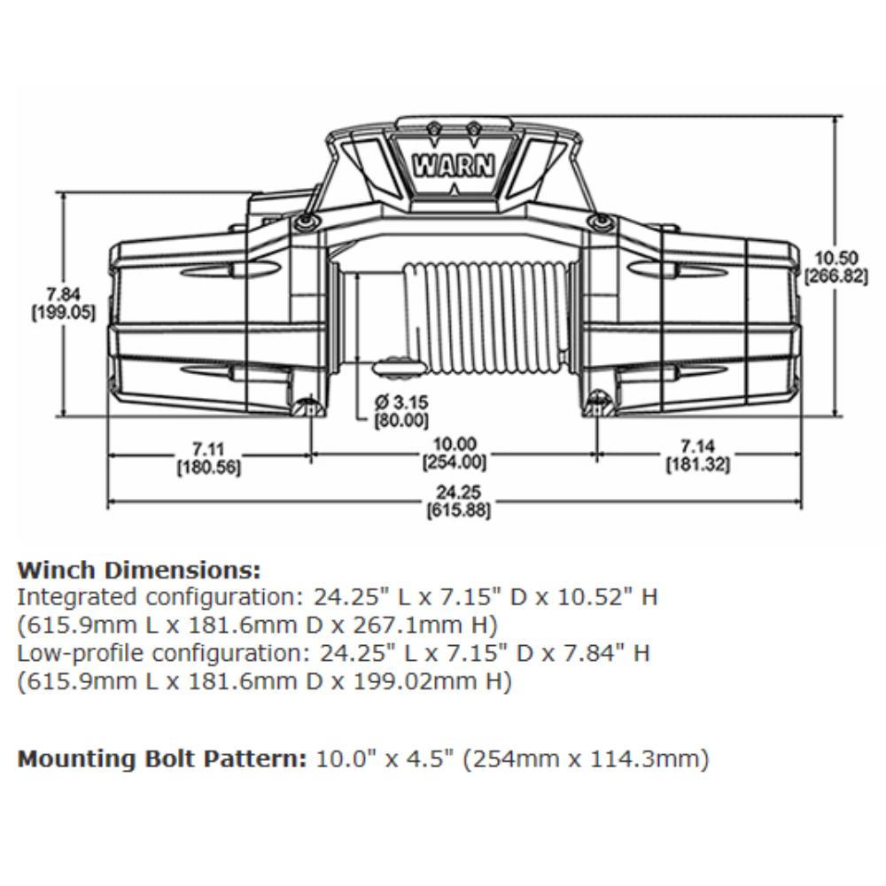 Warn Zeon 12-S Platinum Winch 95960 technical schematic with precise dimensions and mounting bolt pattern details.