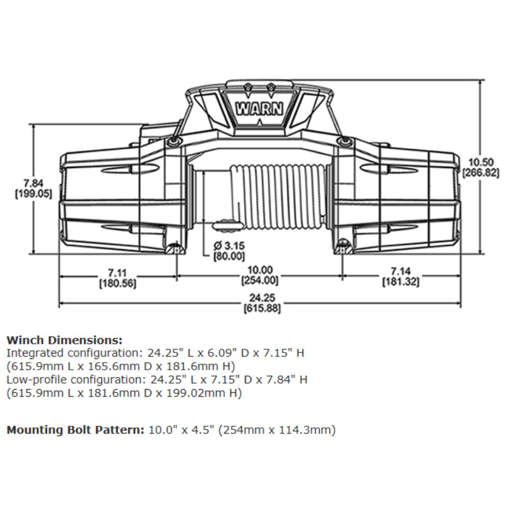 Warn Zeon 12-S Winch 95950 technical schematic with dimensions, mounting bolt pattern, and integrated low-profile configurations.