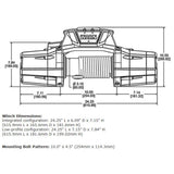 Warn Zeon 12-S Winch 95950 technical schematic with dimensions, mounting bolt pattern, and integrated low-profile configurations.