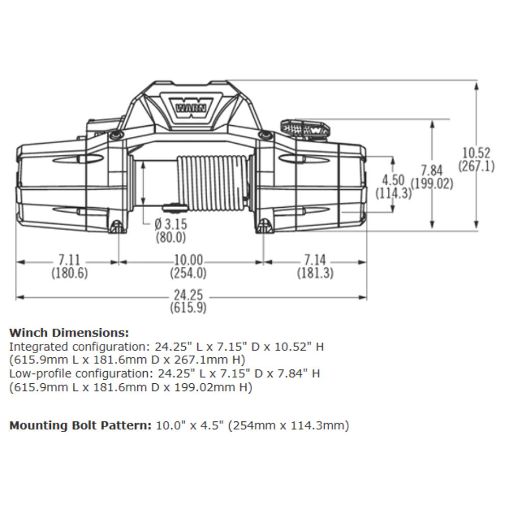 Warn Zeon 8 Winch 88980 heavy-duty winch with satin black powder coated finish and stainless steel fasteners showing detailed dimensions