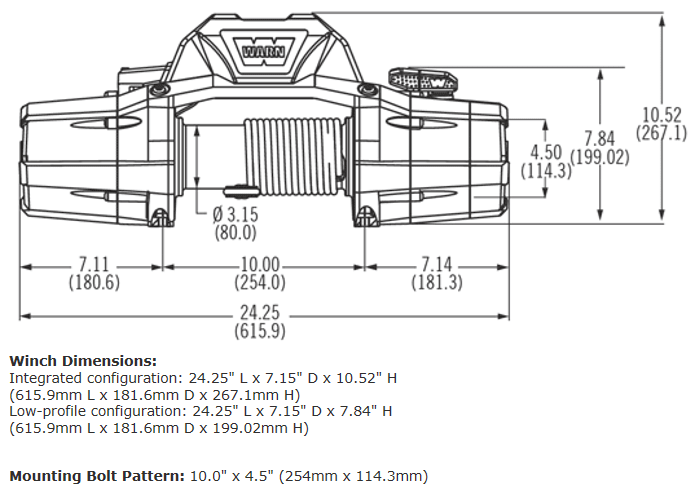 Warn Zeon 8-S Winch 89305 technical drawing with dimensions, mounting bolt pattern, and synthetic rope spool details.