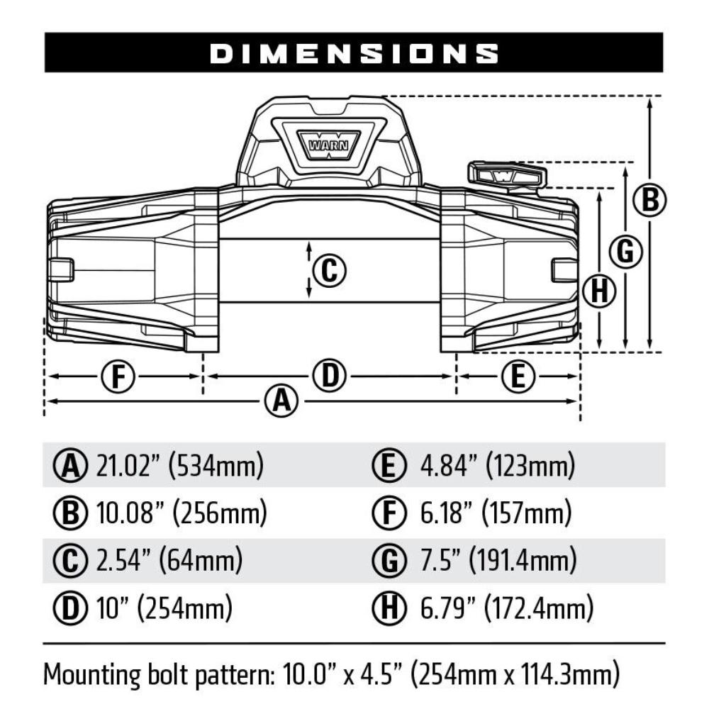 Warn VR EVO 12-S Winch 103255 technical schematic showing detailed dimensions and mounting bolt pattern specifications.
