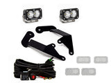 Baja Designs 21+ Ford Bronco Sport S2 Pro Spot LED Light Pods with mounting brackets, wiring harness, and protective covers