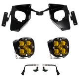 Baja Designs 16-18 Silverado 1500 Squadron Fog Pocket Kit - Amber with black steel brackets, amber LED fog lights, and wiring harnesses