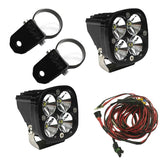 Baja Designs Squadron Pro LED Light Pods Kit w/A-Pillar Mounts/2.00in Harness with dual quad-LED pods, mounting brackets, and wiring harness