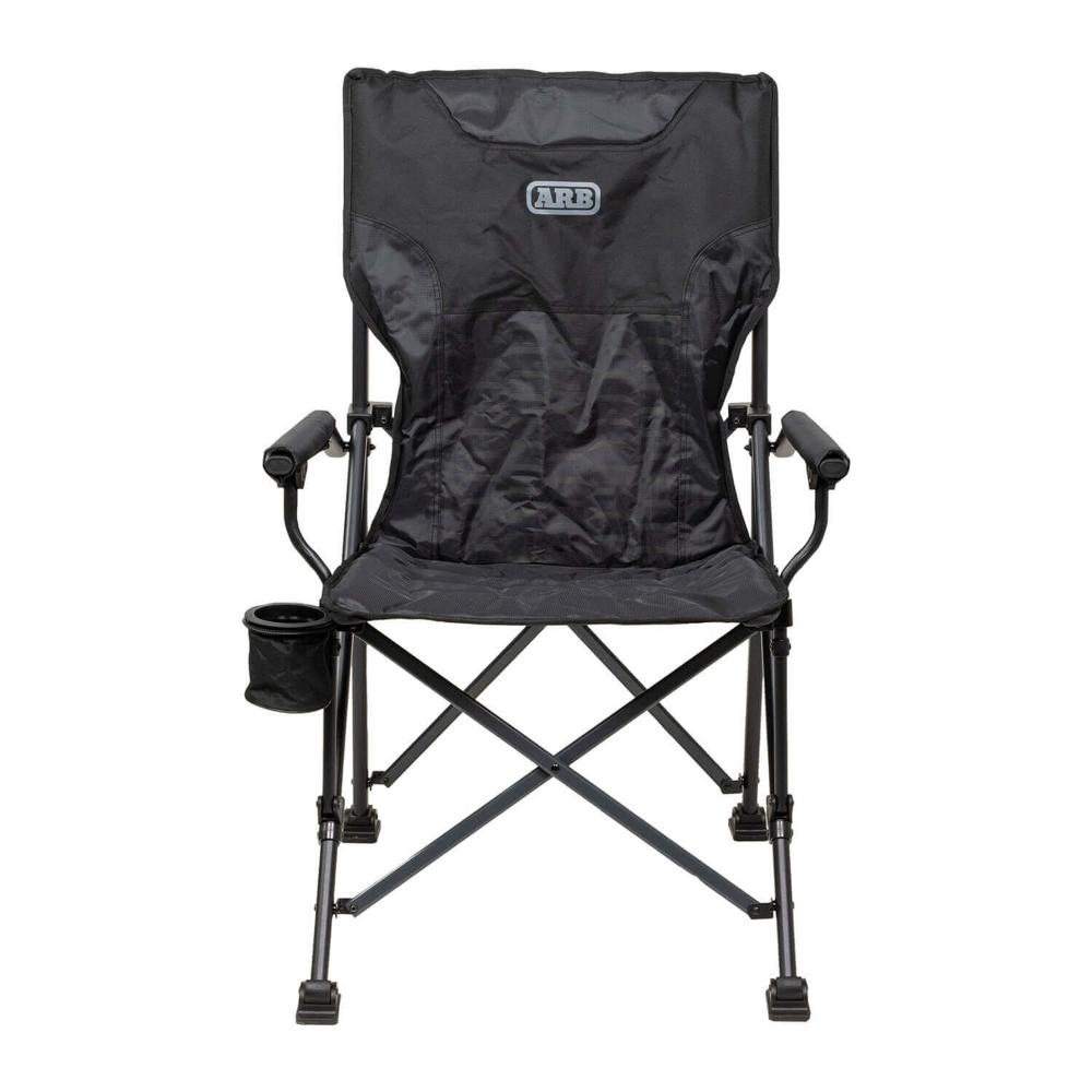 ARB Base Camp Chair 10500151 with durable steel frame, padded armrests, swivel cup holder, rear mesh pocket, and stable flexible feet