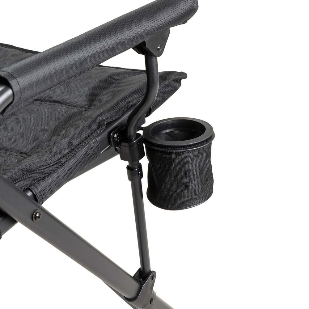 ARB Base Camp Chair 10500151 with durable steel frame, padded armrests, side swivel cup holder, and rear mesh storage pocket