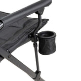 ARB Base Camp Chair 10500151 with durable steel frame, padded armrests, side swivel cup holder, and rear mesh storage pocket