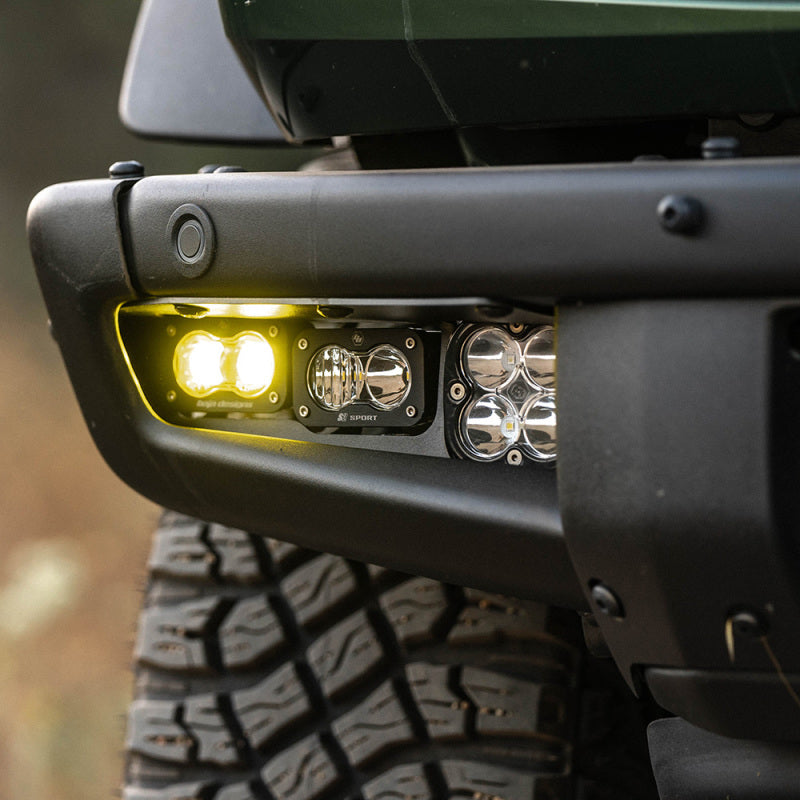 Baja Designs 21-22 Ford Bronco w/Steel Bumper S2 SAE Pro Fog Pocket Light Kit w/Upfitter - Clear high-performance LED fog lights installed