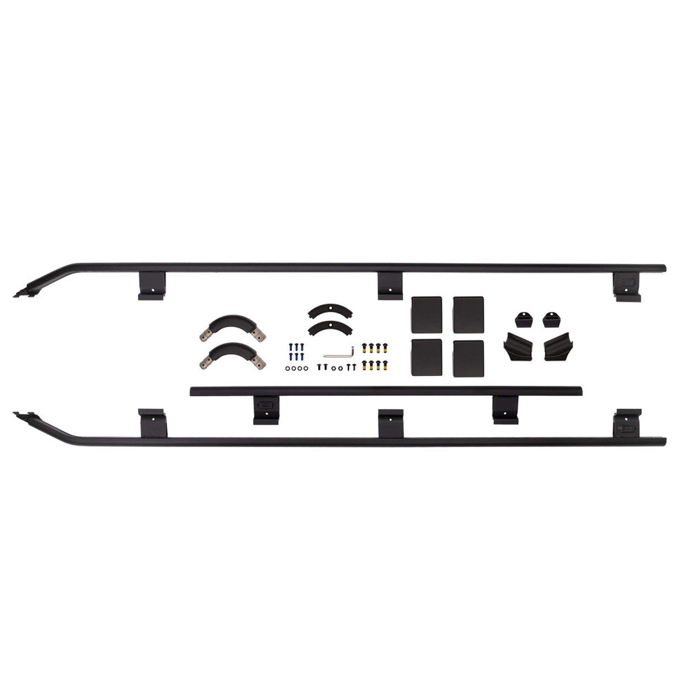 ARB Base Roof Rack Front Rail 1780060 heavy-duty black powder-coated steel rails with cast aluminum clamps, corner caps, and mounting hardware