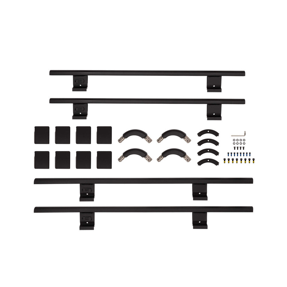 ARB Base Roof Rack Full Rail 1780170 cast aluminum clamps with textured black powder-coated steel rails and mounting hardware