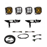 Baja Designs 2021+ Ford F150 Fog Pocket Kit SAE Amber Squadron Pro DC with dual amber LED lights, mounts, and wiring harnesses