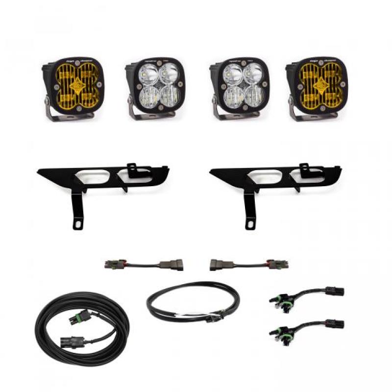 Baja Designs 2021+ Ford F150 Fog Pocket Kit SAE Amber Squadron Sport DC with Upfitter includes dual amber LED fog lights, brackets, and wiring harnesses