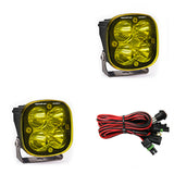 Baja Designs Squadron Sport Spot LED Light Pods - Amber with quad LEDs, durable mounting brackets, and wiring harness for off-road vehicles
