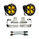 Baja Designs 2018+ Wrangler JL Rubicon Sport Fog Light Pocket Kit - Amber with dual amber LED lights, steel brackets, and wiring harnesses