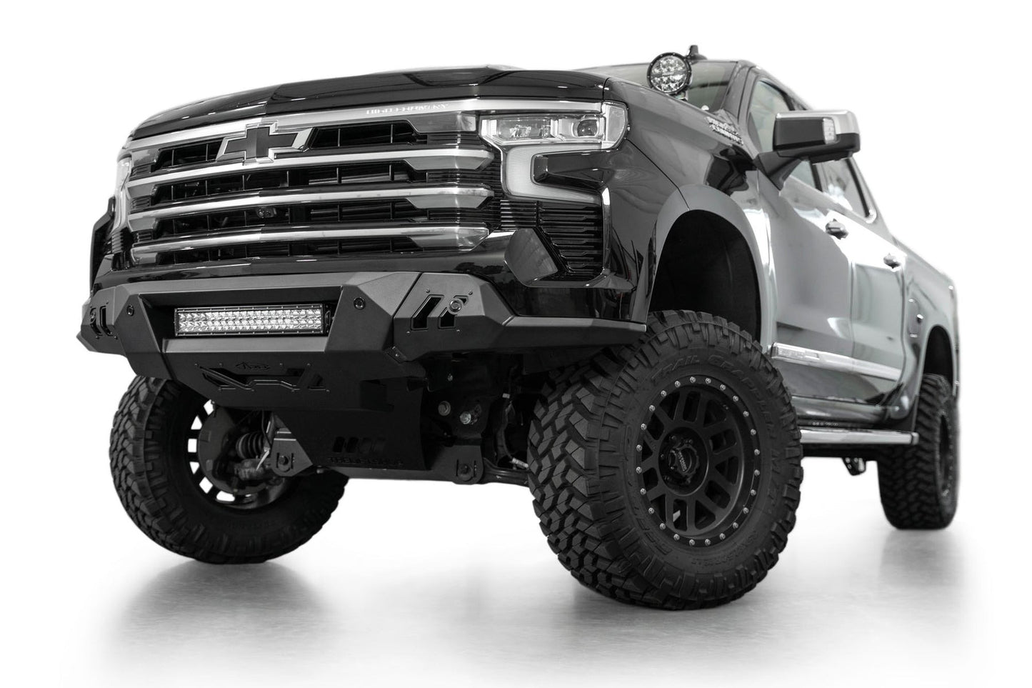 Addictive Desert Designs Black Label Front Bumper for Chevrolet Silverado 1500 (22-ON) with off-road LED light bar and skid plate