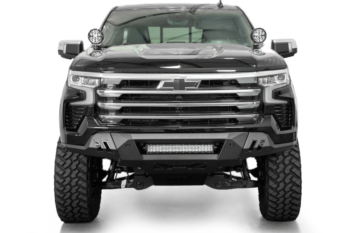 Addictive Desert Designs Black Label Front Bumper for Chevrolet Silverado 1500 (22-ON) with off-road lighting and reinforced skid plate