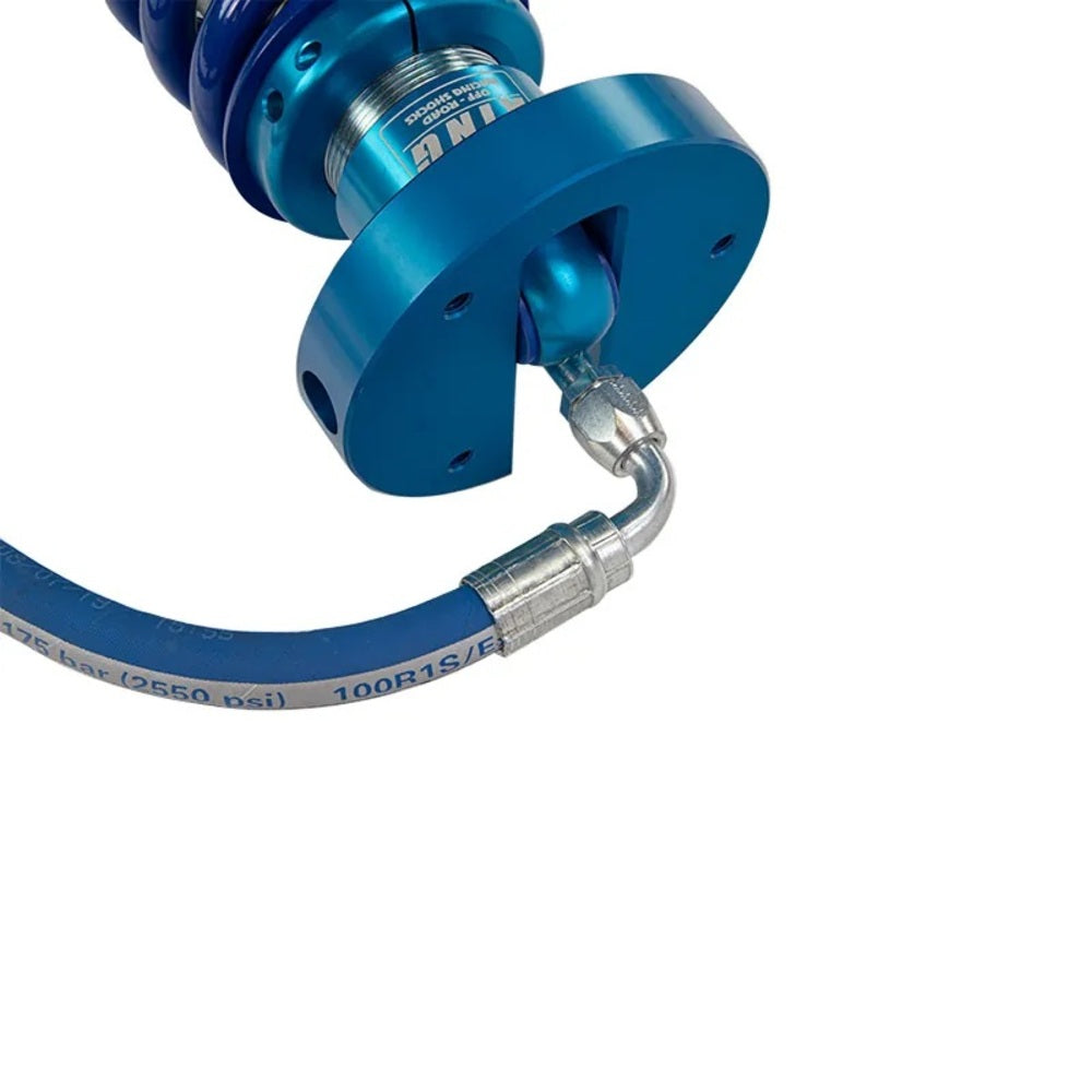 King Shocks Front 2.5 Remote Reservoir Coilover (PAIR) for Ford F150 15-ON with blue anodized aluminum components and hydraulic hose connection