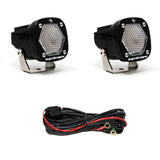 Baja Designs S1 Work/Scene LED Light w/ Mounting Bracket Pair with hex lens, black aluminum housing, and wiring harness