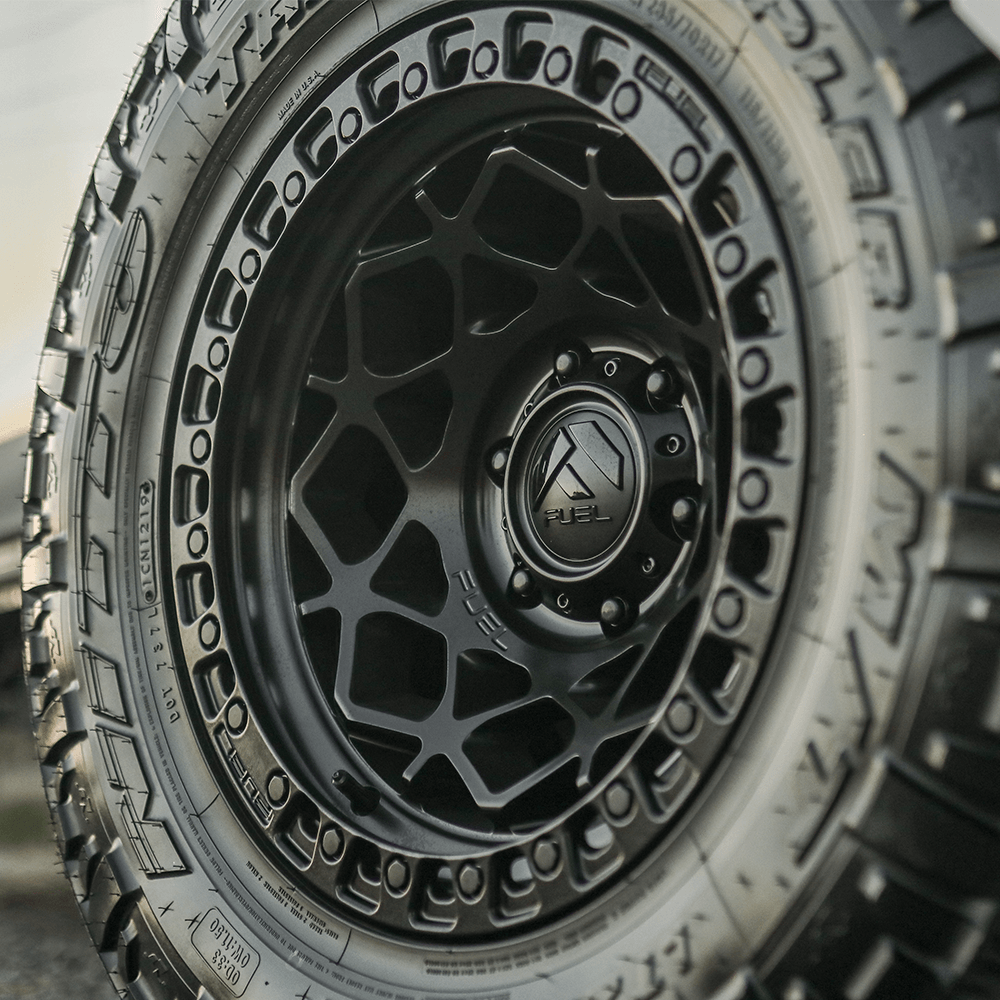 Fuel 1PC D786 Unit - 17X9 -12mm - Matte Black With Matte Black Ring cast aluminum wheel on off-road tire fitment