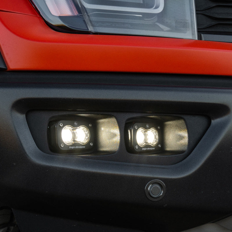 Baja Designs 2022+ Toyota Tundra S2 SAE OEM Fog Light Replacement Kit - Clear dual LED fog lights mounted in front bumper