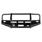 ARB Front Combination Bumper 3414480B - Fitting Kit Included with black powder-coated steel and tapered upswept wings for Toyota Land Cruiser.