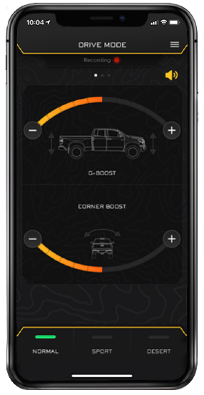icon vehicle dynamics app interface showing adjustable G-Boost and Corner Boost settings for ICON 2010+ Toyota 4Runner 2.5 Series Ext Travel VS RR CDEV Coilover Kit