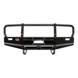 ARB Deluxe Front Winch Bumper 3438110 for Nissan Frontier (98-04) heavy-duty steel with winch mount and black powder coat finish