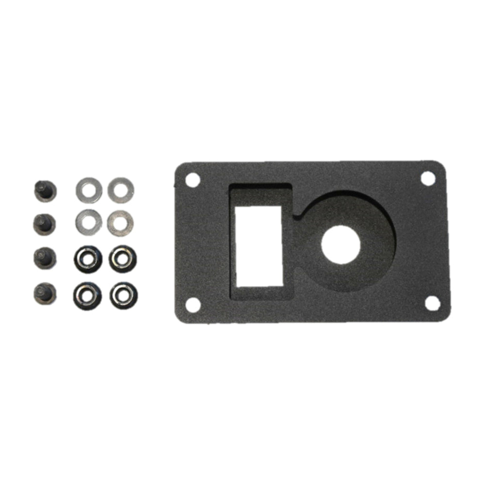 A black plastic ARB plate with screws and nuts used for ARB switch coupling brackets and plastic trim panels.