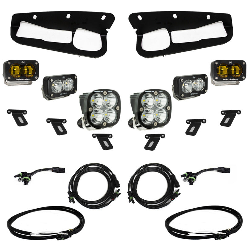 Baja Designs 21-22 Ford Bronco w/Steel Bumper S2 SAE Pro Fog Pocket Light Kit w/Upfitter - Amber lighting components with wiring and mounting hardware