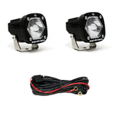 Baja Designs S1 Spot LED Light w/ Mounting Bracket Pair with hex lens, black aluminum housing, and wiring harness for off-road vehicles
