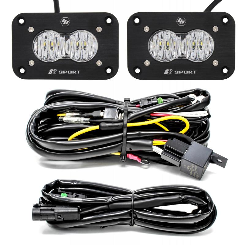 Baja Designs S2 Sport Flush Mount Work/Scene Pattern LED Work Light - Clear with wiring harness and relay kit for off-road vehicles