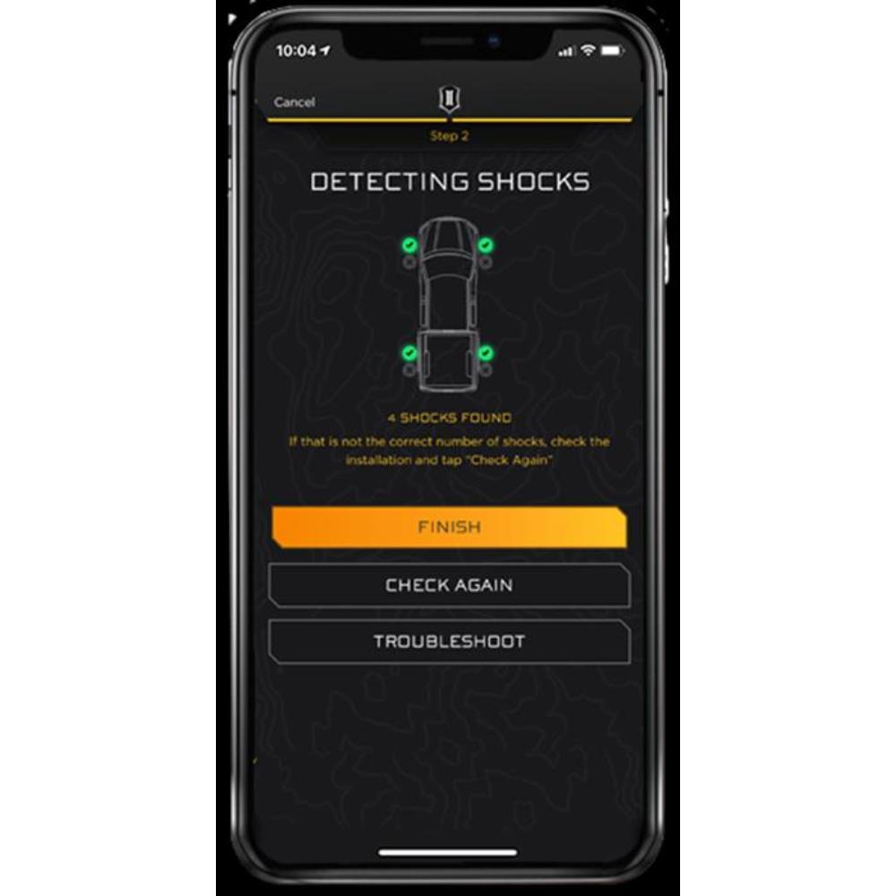 ICON Vehicle Dynamics Intelligent Control Install Kit 53504 for Toyota 4Runner (10-24) smartphone app showing active shock detection interface