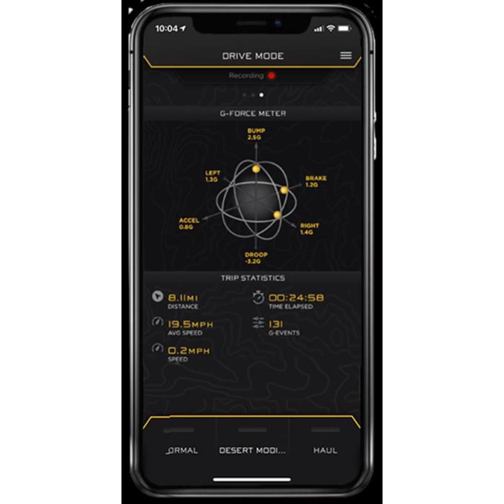 ICON Vehicle Dynamics Intelligent Control Install Kit 53504 for Toyota 4Runner (10-24) smartphone app showing G-force and trip data display