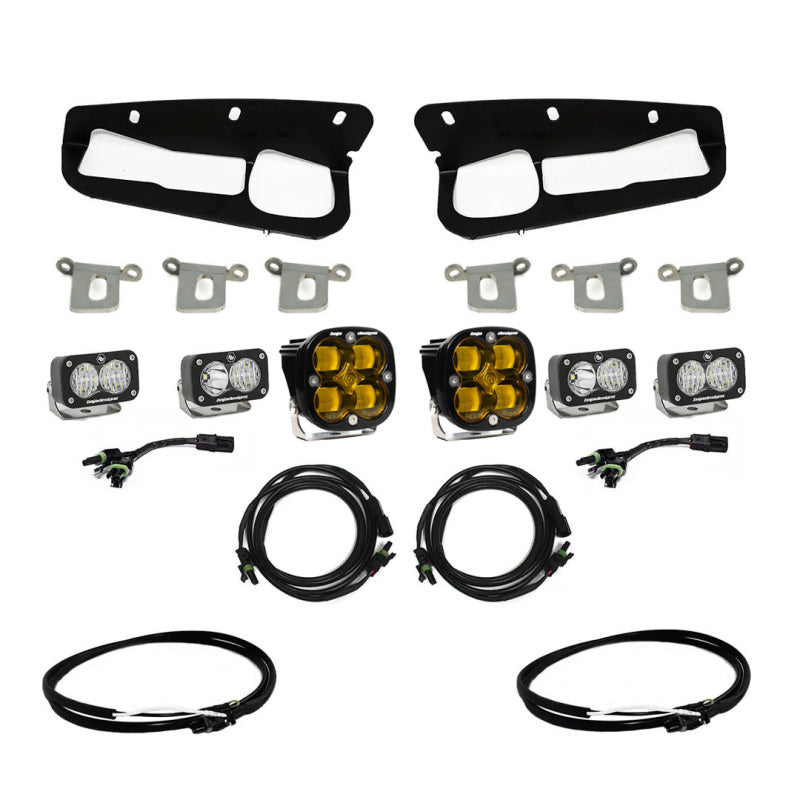 Baja Designs 2021+ Ford Bronco Amber SAE Fog Pocket Kit w/Upfitter includes amber LED fog lights, brackets, and wiring harnesses
