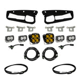 Baja Designs 2021+ Ford Bronco Amber SAE Fog Pocket Kit w/Upfitter includes amber LED fog lights, brackets, and wiring harnesses