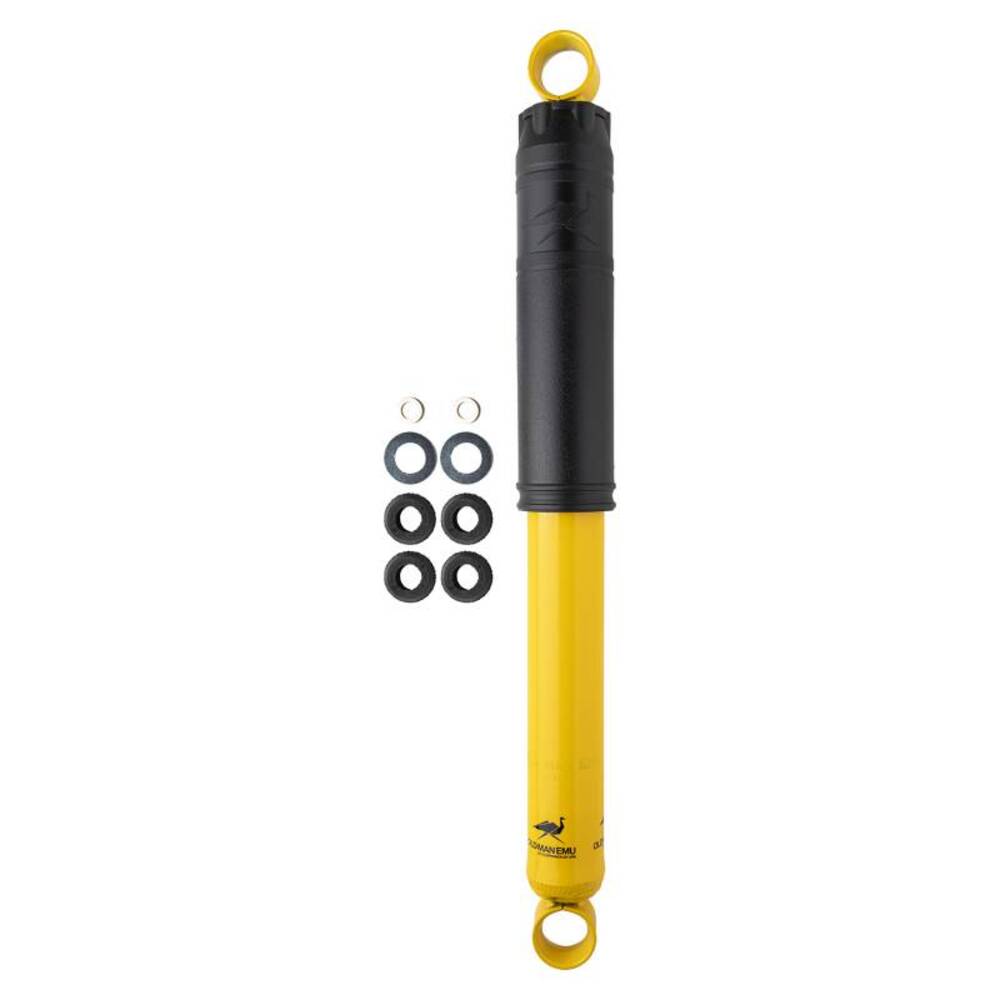 A high-quality Old Man Emu yellow shock absorber featuring a heavy gauge reserve tube, perfect for a white background.