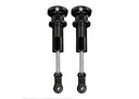 Pair of black adjustable suspension shock absorbers with threaded bodies and eyelet mounts