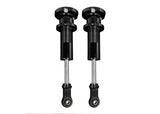 Pair of black adjustable suspension shock absorbers with threaded bodies and eyelet mounts