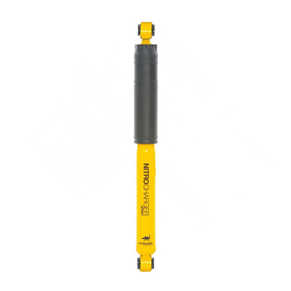 An Old Man Emu yellow and black shock absorber with high-quality oil on a white background.