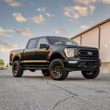 ReadyLift SST 3.5 inch Lift Kit for F-150 (21-24) installed on black 2021 Ford F-150 with upgraded heavy-duty suspension components
