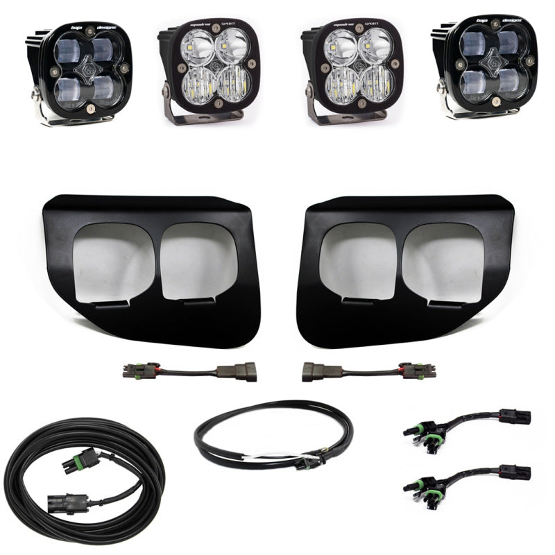 Baja Designs Ford Super Duty (20-On) Fog Lights Dual FPK SAE/Sport DC with LED pods, bezels, wiring harness, and connectors