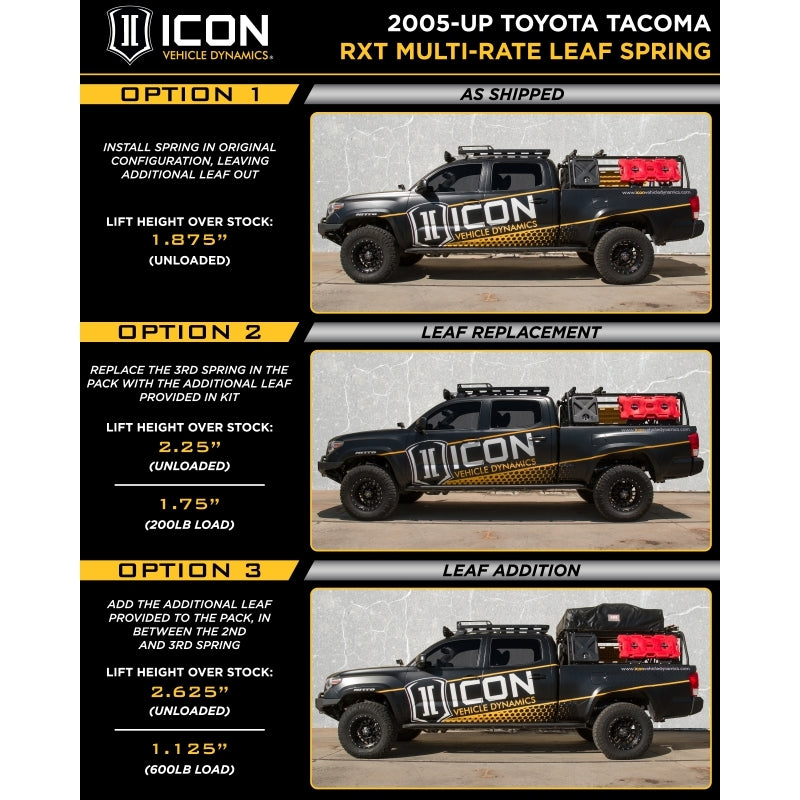 icon vehicle dynamics ICON 2005+ Toyota Tacoma Multi Rate RXT Leaf Pack w/Add In Leaf suspension lift options with vehicle side views