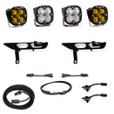 Baja Designs 2021+ Ford F150 Fog Pocket Kit SAE Amber Squadron Pro DC with dual amber LED lights, brackets, and wiring harnesses