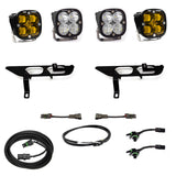 Baja Designs 2021+ Ford F150 Fog Pocket Kit SAE Amber Squadron Pro DC with dual amber LED lights, brackets, and wiring harnesses